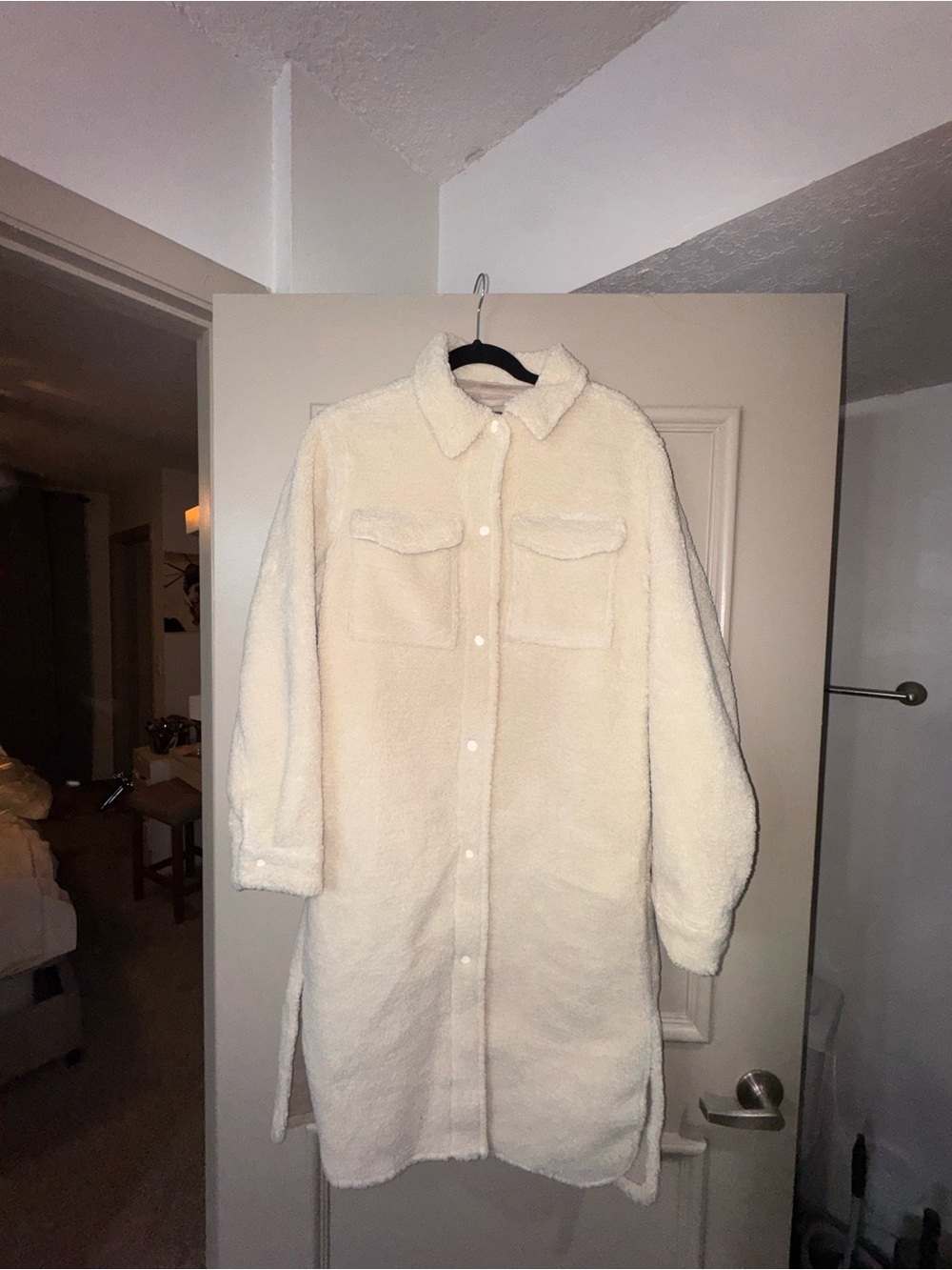 Cream Teddy Sherpa Long Shacket Jacket - Women